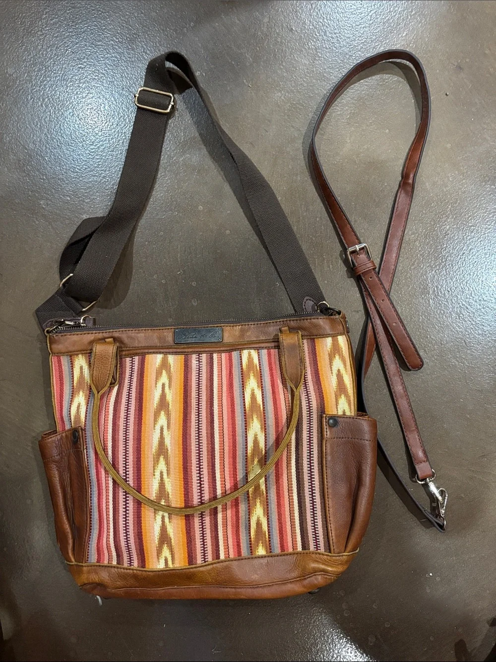 Nena & Co. Multicolor Striped Canvas and Brown Leather Shoulder Bag